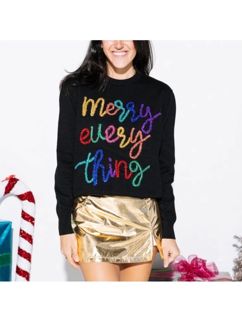 Merry Everything Sweater Queen of Sparkles Christmas black perfect condition